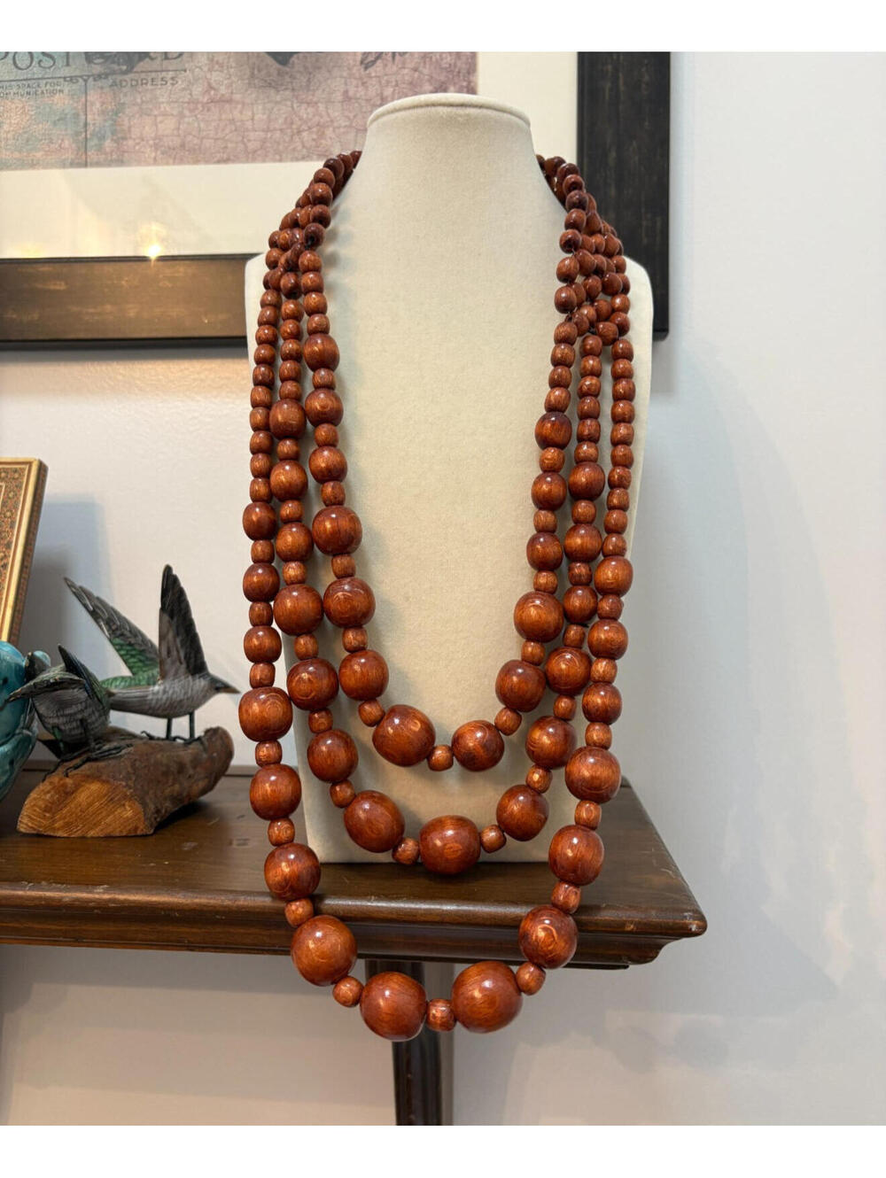 Vintage Chunky Graduated Wood Beaded Multi-Strand Necklace Boho Tribal